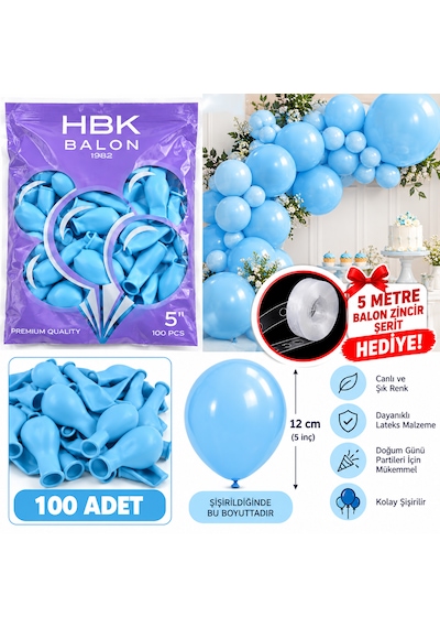 100 Adet Makaron Mavi 5 İnç 12 Cm Lateks Balon + 5 Metre Balon Zincir Şeridi Hediye Açık Mavi
