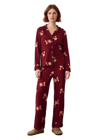 Ersefa Kadın Ayıcık Desenli Pijama Takımı Gömlek Yaka Uzun Fonksiyonel D Mürdüm