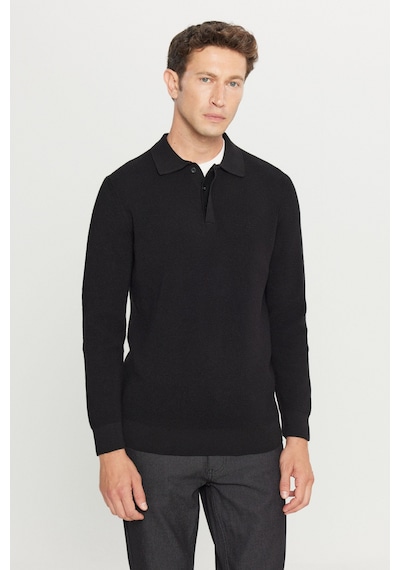 AC&Co / Altınyıldız Classics Erkek Sıyah Pamuklu Standart Fit Normal Kesim Jakarlı Polo Yaka Triko Kazak SIYAH