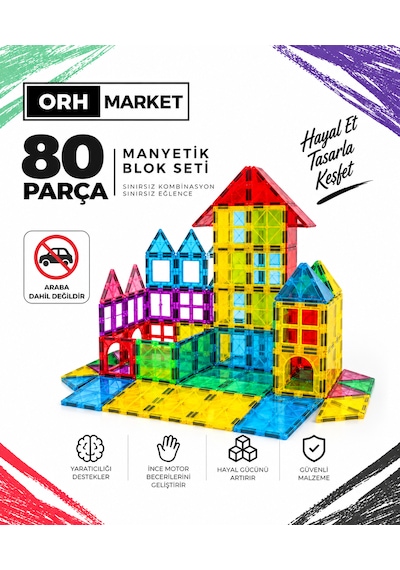 80 Parça 7.5 Cm Büyük Boy Manyetik Blok Seti Güçlü Mıknatıslı Zeka Geliştirici Eğitici Oyuncak