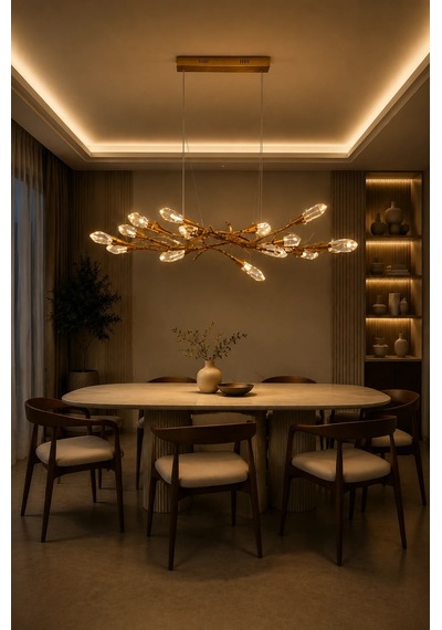 Modern Premium Led Ahşap Detaylı Salon Yemek Odası Sarkıt Avize Aydınlatma 40w 4000k Beyaz