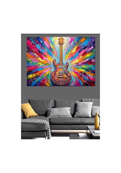 Renk Patlamalı Sanatsal Elektro Gitar Yağlı Boya Dokulu Kanvas Tablo Canvas Tablosu