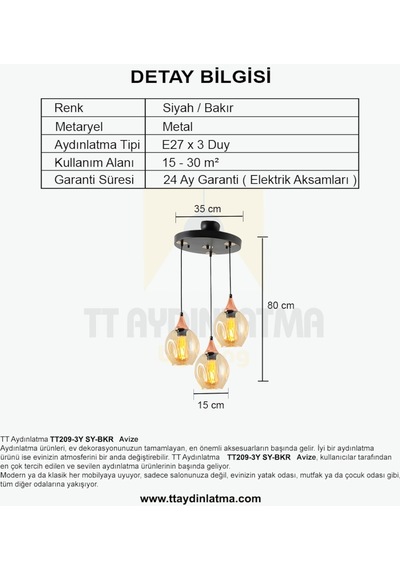 Tt209-3Y-Sy Tt Aydınlatma Basık Camlı Siyah - Bakır 3 Lü Yuvarlak