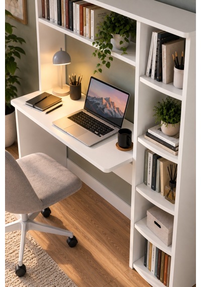Sulorahome Kitaplıklı Çalışma Masası Beyaz