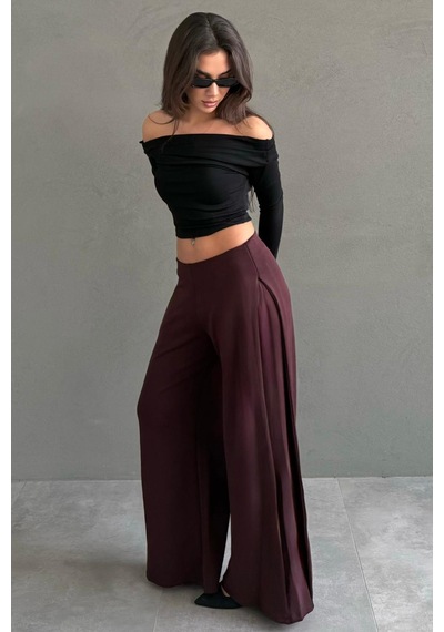 Madmext Bordo Dökümlü Cepli Krep Kumaş Wide Leg Pantolon Mg2668 Bordo