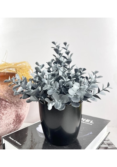 Yapay Çiçek Gümüş Renk Şimşir Siyah Saksıda Siyah Plastik Saksılı