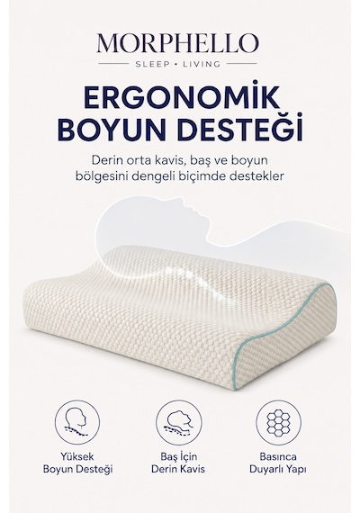Morphello Neck Support Ortopedik Boyun Destekli Visco Yastık 60x40 Cm Memory Foam, Fermuarlı Yıkanabilir Kılıf Beyaz - Yeşil