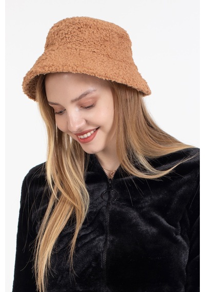 Ladycolor Kadın Kışlık Şapka Peluş Kumaş Bucket Modeli Camel Camel