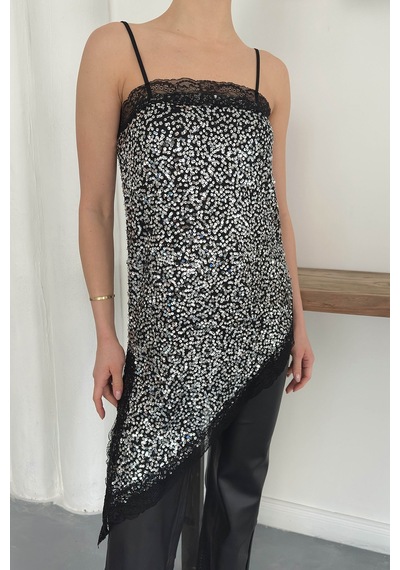Verymoda Dantel Detaylı Askılı Pullu Asimetrik Tunik - D2934 Gümüş