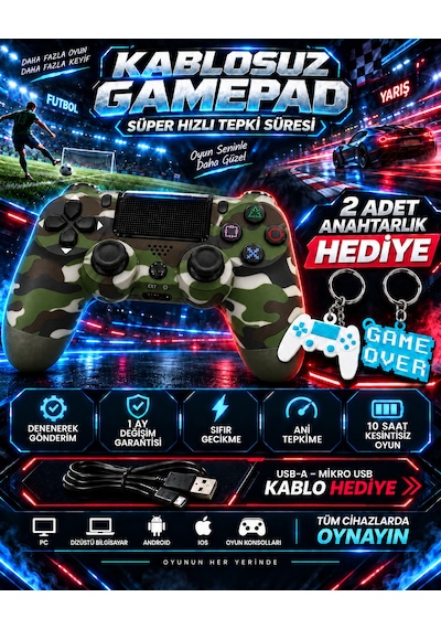 Dexxony Ps4 Uyumlu Kablosuz Bluetooth Oyun Kolu Pc/android Tv,  Ölü Bölge, Kamuflaj