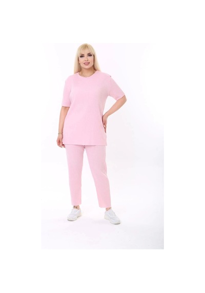 Modasehle Kısa Kollu Beli Lastikli Yırtmaçlı Rahat Kalıp Ikili Kaşkorse Takım Pembe