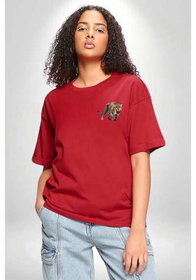 Jaguar Sırtından Çıkan Kırmızı Oversize Unisex Ön Ve Sırt Baskılı Tişört Kırmızı