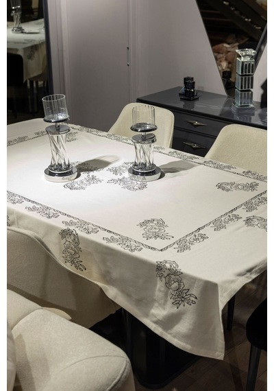 Doğal Pamuk Keten Dikdörtgen Masa Örtüsü 160x200 Cm El Baskılı Özel Tasarım Beyaz - 677354997 Beyaz