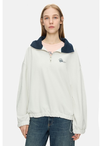 Ucla Yoko Kemik Rengi Fermuarlı Baskılı Oversize Fit Kadın Sweatshirt Kemik Rengi
