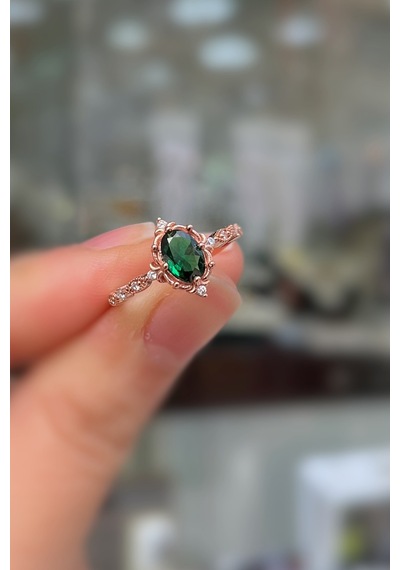 925 Ayar Gümüş Rose Gold Oval Kesim Yeşil Taşlı Vintage Tasarım Kadın Yüzük Rose