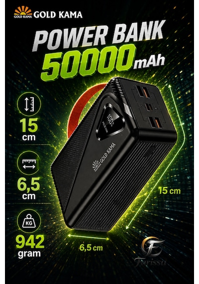50000 Mah Powerbank 22.5w Hızlı Şarj Pd Taşınabilir Güç Kaynağı Dijital Göstergeli Led Işıklı Siyah