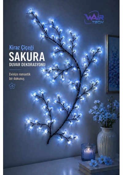 Kiraz Çiçeği Sakura Led Duvar Dekoru 144 Led Ağaç Dalı Işık, 8 Mod, Kumandalı Mavi