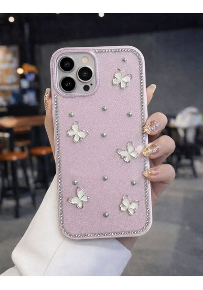 Apple Uyumlu iPhone 13 Pro Kelebek Figürlü Simli İnci Taşlı Lüx Silikon Kılıf Pembe