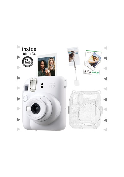 Fujifilm Instax Mini 12 Fotoğraf Makinesi + 10'lu Film + Kıskaçlı Resim Standı + Simli Pleksi Kılıf Seti Beyaz
