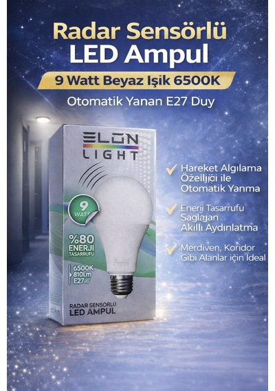 Radar Sensörlü Led Ampul 9 Watt Beyaz Işık 6500k Otomatik Yanan E27 Duy