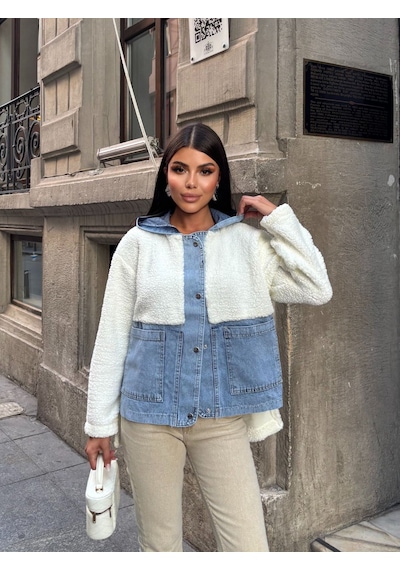 Esra Butik78 Kadın %100 Pamuk Kapüşonlu Çıtçıtlı Denim Detaylı Peluş Ceket Oversize Günlük Mont Beyaz Esra Butik78 Kadın %100 Pamuk Kapüşonlu Çıtçıtlı Denim Detaylı Peluş Ceket Oversize Günlük Mont Beyaz