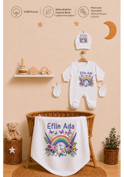 Pia Baby Kız Bebek Hastane Çıkışı 4 Lü Tulum Seti %100 Pamuk Kişiye Özel İsim Baskılı Battaniyeli 1045bt3x Ekru