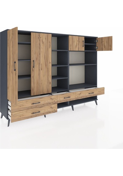 Hyperion Dolap 12 Raflı 4 Çekmeceli 4 Kapaklı 220x44x163 Antrasit Antrasit-çam