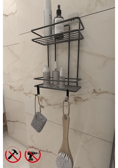 Alper Banyo Siyah 3 Raflı Düz Banyo Şampuanlığı, Yapışkanlı