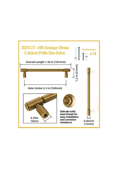 Goo-ki 2231gt-160 Retro Antik Pirinç Dolap Kulp Seti 6 Adet 160 Mm Ahşap - Altın