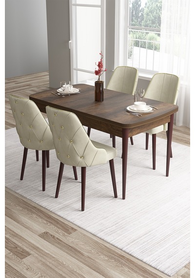 Canisa Tia Serisi 80x132 Açılabilir Mdf Mutfak Masası Takımı Barok Desen Masa 4 Krem Sandalye Masa Barok Ahşap Desen Sandalye Krem