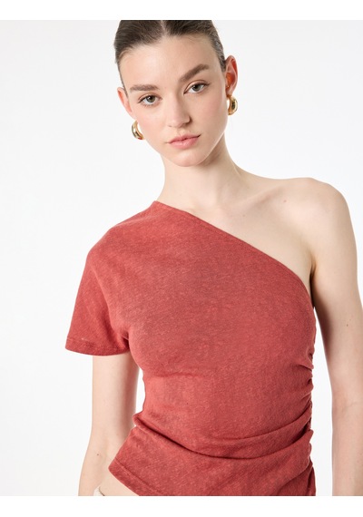 Koton Regular Fit Drape Detaylı Asimetrik Yaka Tek Omuz Bluz Kiremit 6sak10319ek Çok Renkli