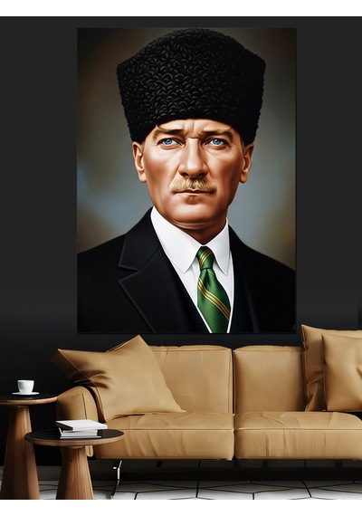 Ahşap Tablo Kalpaklı Lider Siyah Beyaz Atatürk