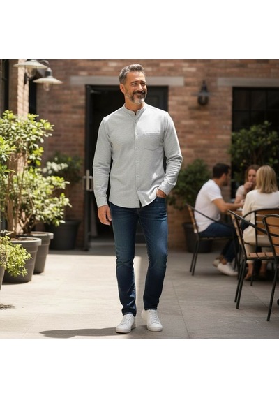 Klasik %100 Cotton Uzun Kollu Hakim Yaka Gömlek Regular Kalıp Krem