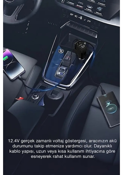 66w Araç Hızlı Şarj Cihazı Usb-c & İos Uyumlu Geri Çekilebilir Kablo Dijital Ekran 66w Black