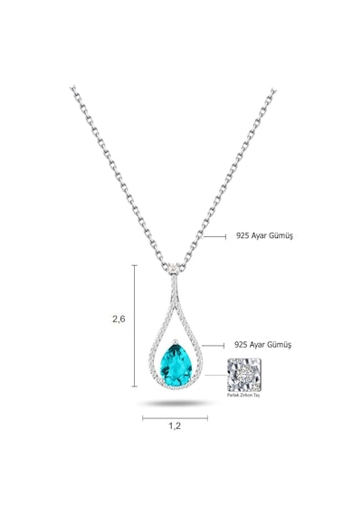 Brezza Lusso Jewelry Pırlanta Model Aquamarin Taşlı Damla Kadın Gümüş Kolye 45 CM