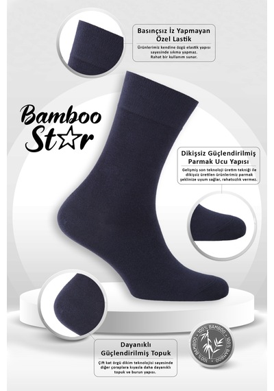 Bamboo Star Bambu Erkek Soket Uzun Düz Lacivert Dikişsiz 3'lü Premium Kutulu Çorap