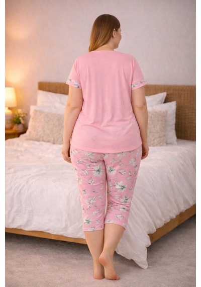 Nisanca Kadın Büyük Beden Kapri Pijama Takımı Yumuşak Dokulu, Konforlu Ev Giyimi Pudra
