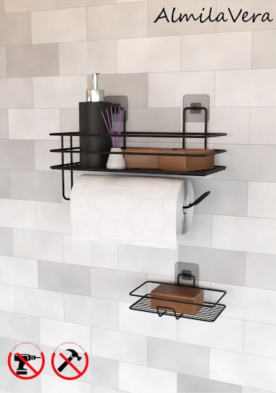 Güçlü Yapışkanlı Banyo Rafı Kağıt Havlu Tutacağı Ve Metal Sabunluk Set Düzenleyici Siyah