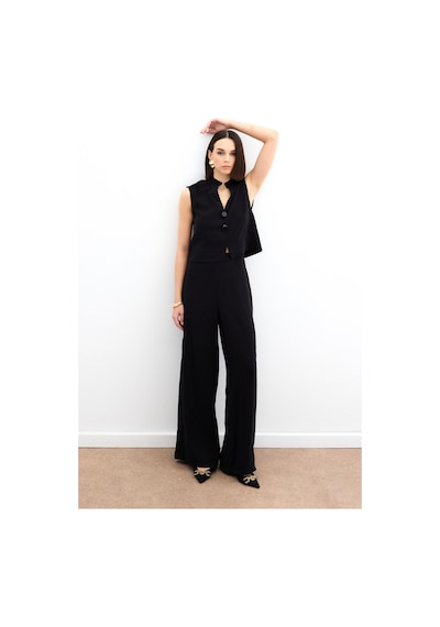 Sateen Yüksek Bel Keten Pantolon - Siyah-136160 Siyah