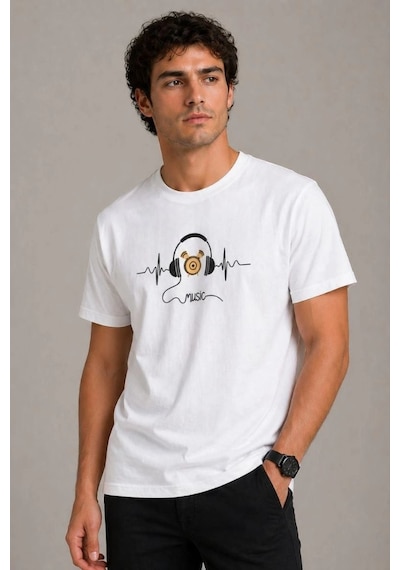Erkek Müzik Temalı Baskılı Tişört Bisiklet Yaka Kısa Kol T-shirt - Beyaz