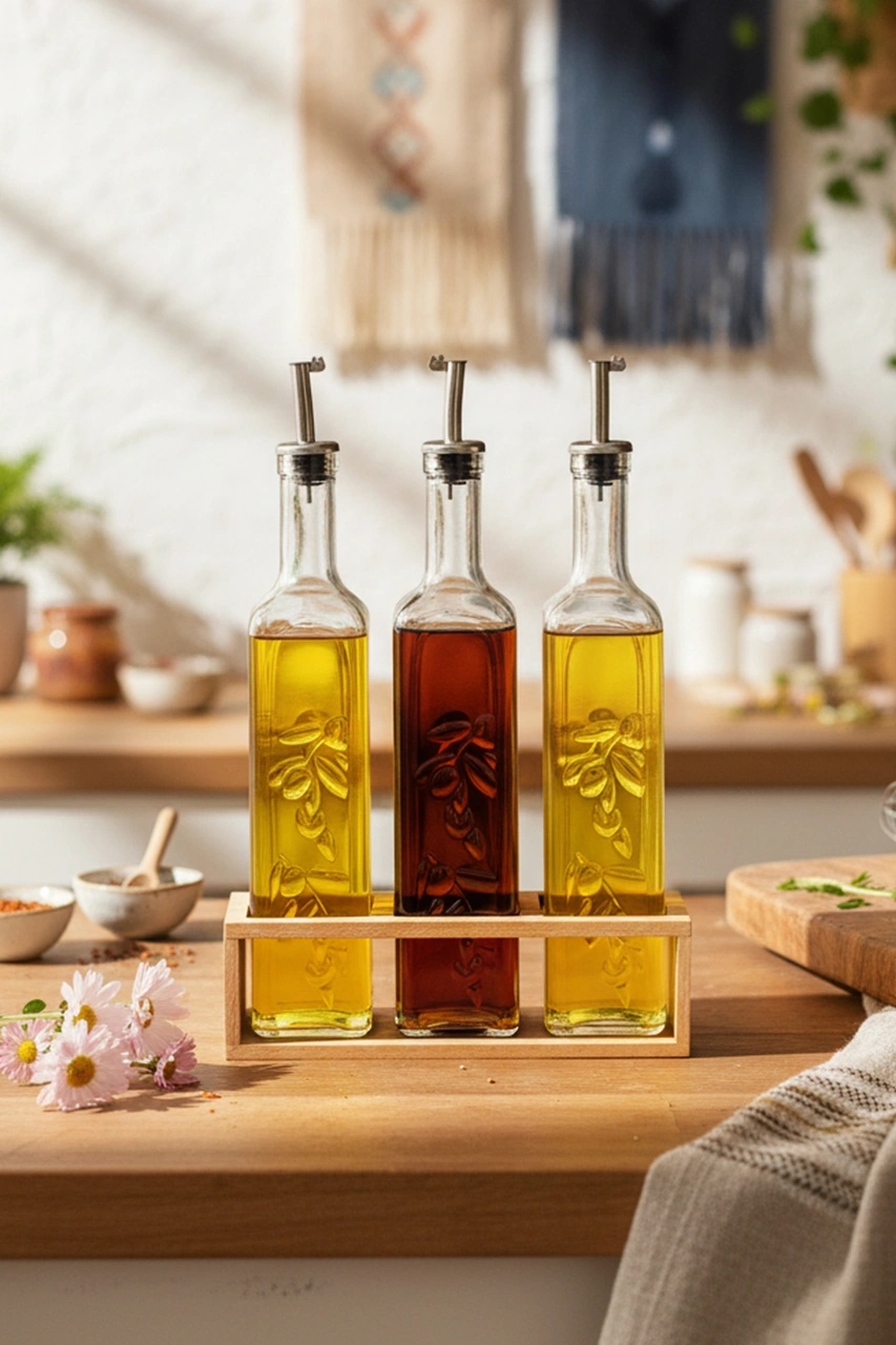 Snippy Olea - 3'lü Ahşap Uzun Katlı Standlı Cam Zeytinyağı Şişesi Yağdanlık Damlatmaz Yağlık Sirkelik 500ml Ahşap