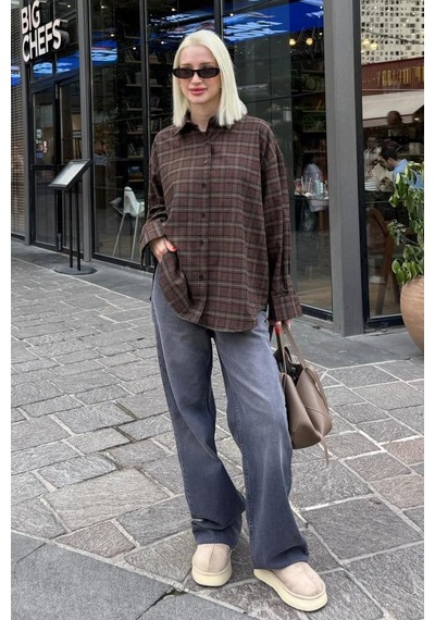 Seeh Kahverengi Oversize Ekose Desenli Kadın Gömlek Sh334 Ekoseli