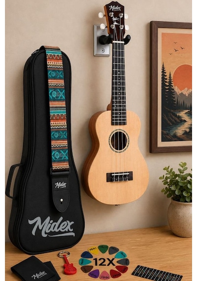 Midex Ct-24nt Kaliteli Natural Concert Sedef İşlemeli Ukulele Seti