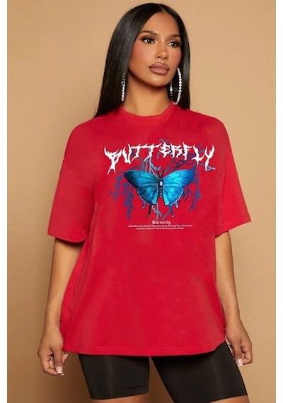 Flood Of Style Unisex Blue Butterfly Baskılı T-shirt Kırmızı