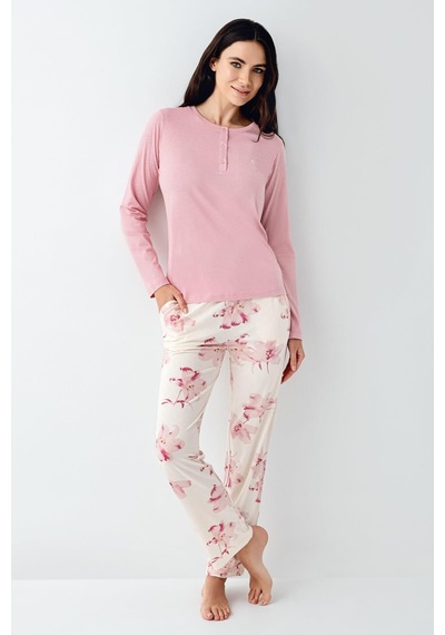 Pierre Cardin Paris Kadın Gül Desenli Modal Pamuklu Düğmeli Uzun Kollu Pijama Takım Gül