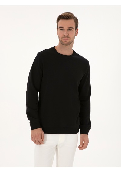 Siyah Regular Fit %100 Pamuk 3 İplik Bisiklet Yaka Sweatshirt