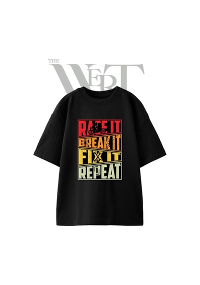 Thewert Biker Motto Tasarım Baskılı Ünisex Siyah Oversize T-shirt