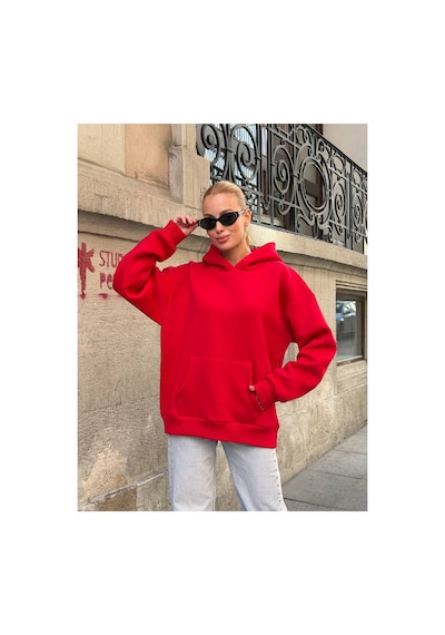 Zdnjeans Kadın Taşlı Kanat Baskılı Oversize Kapüşonlu Sweatshirt Kırmızı