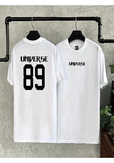 Flood Of Style Erkek Beyaz Universe Baskılı Bisiklet Yaka Tshirt