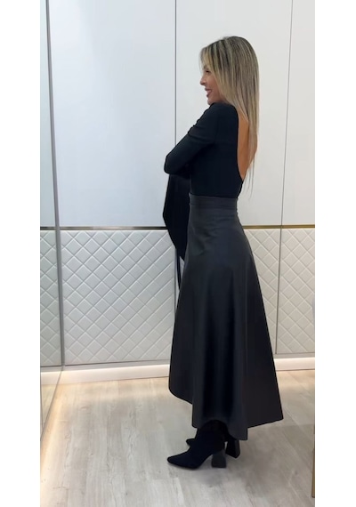 Moderie Butik Kadın Belden Kuşaklı Uzun Deri Etek Siyah